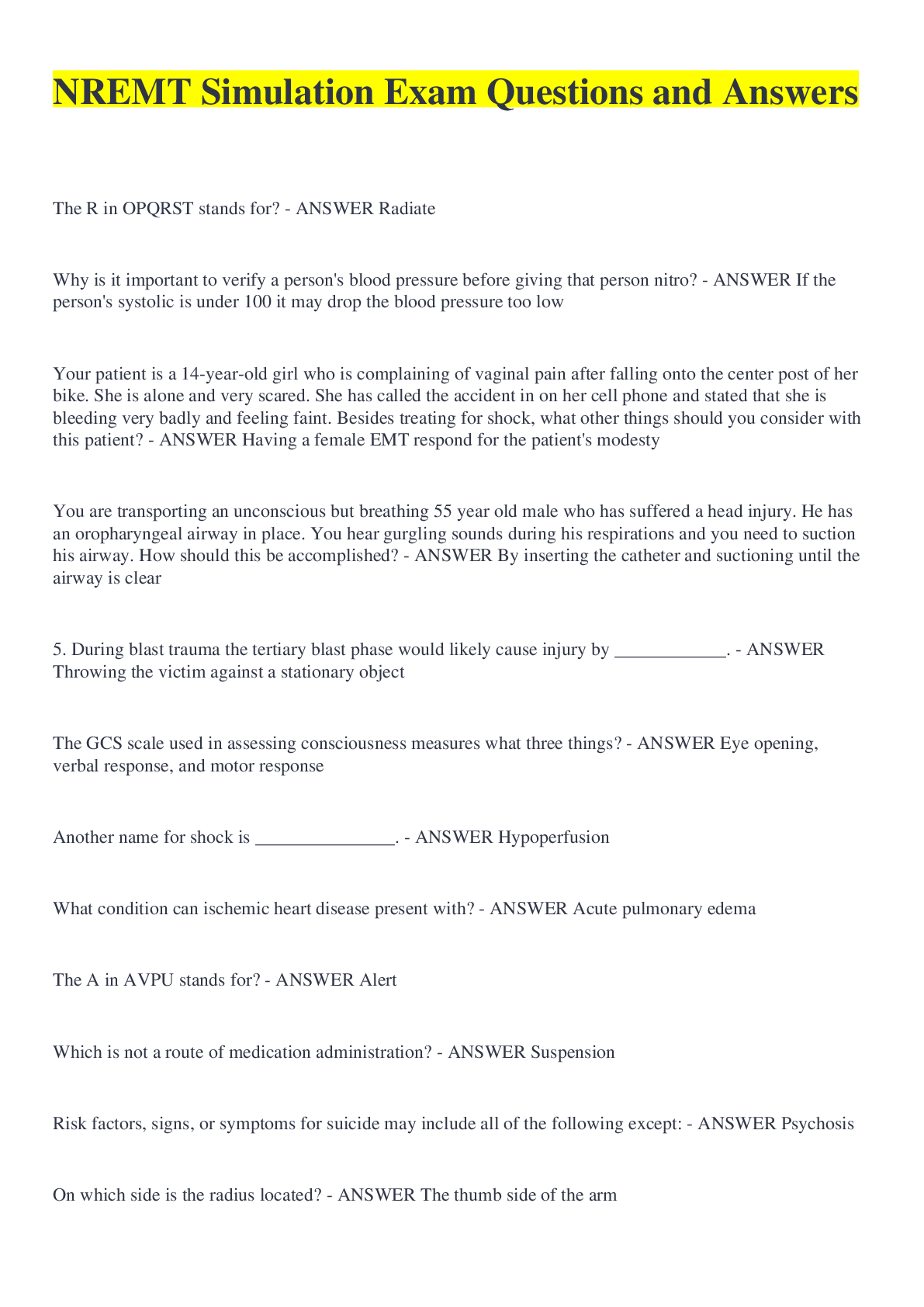Preview image of NREMT Simulation Exam Questions and Answers document
